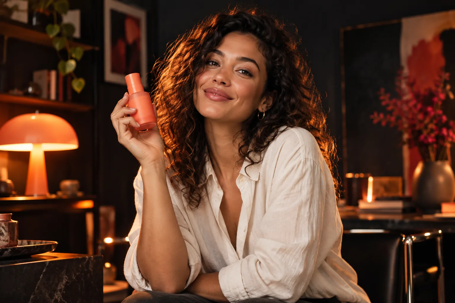 Adult creator holding a product in a warmly lit studio