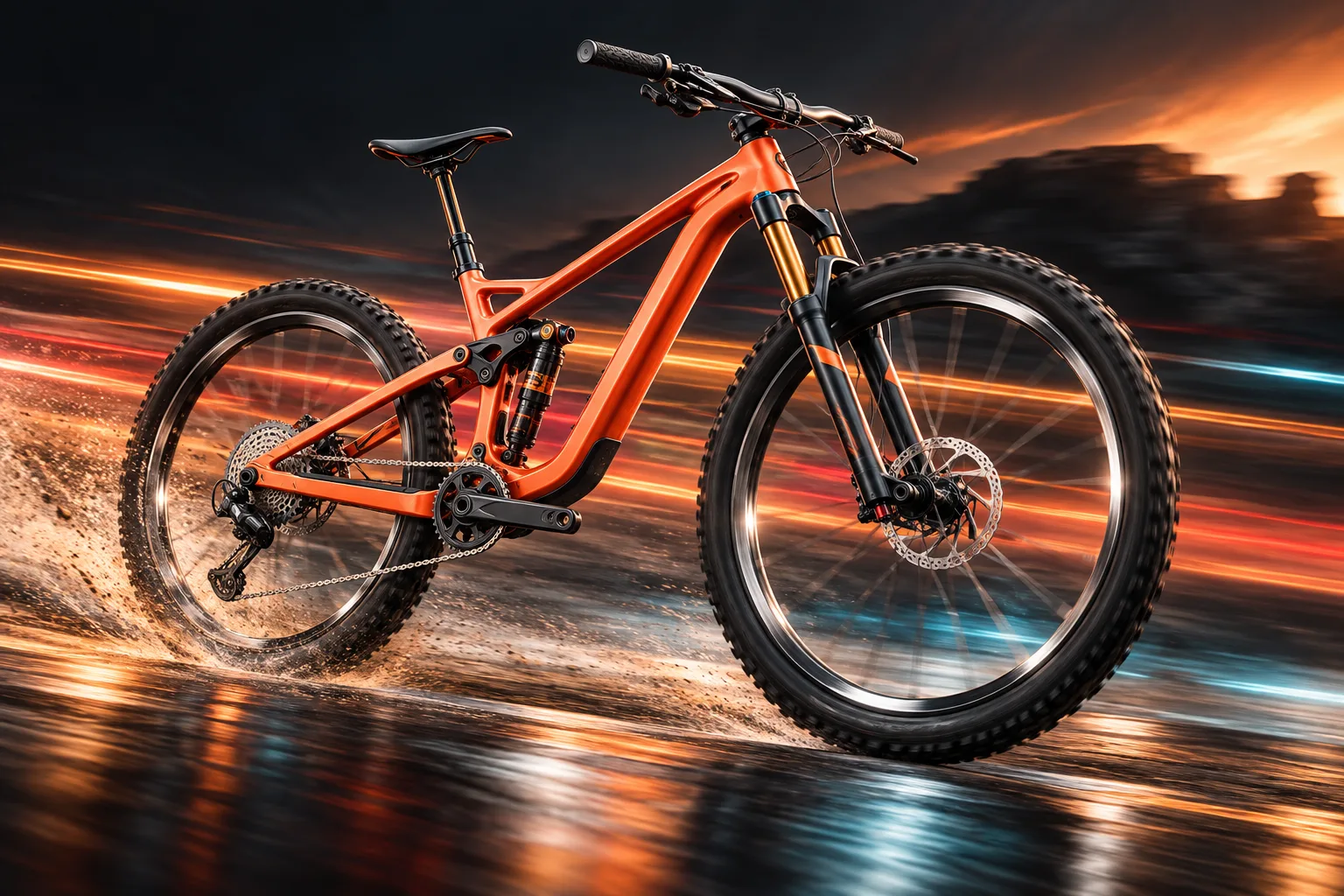 Coral mountain bike in a cinematic sports scene with blue and amber light trails