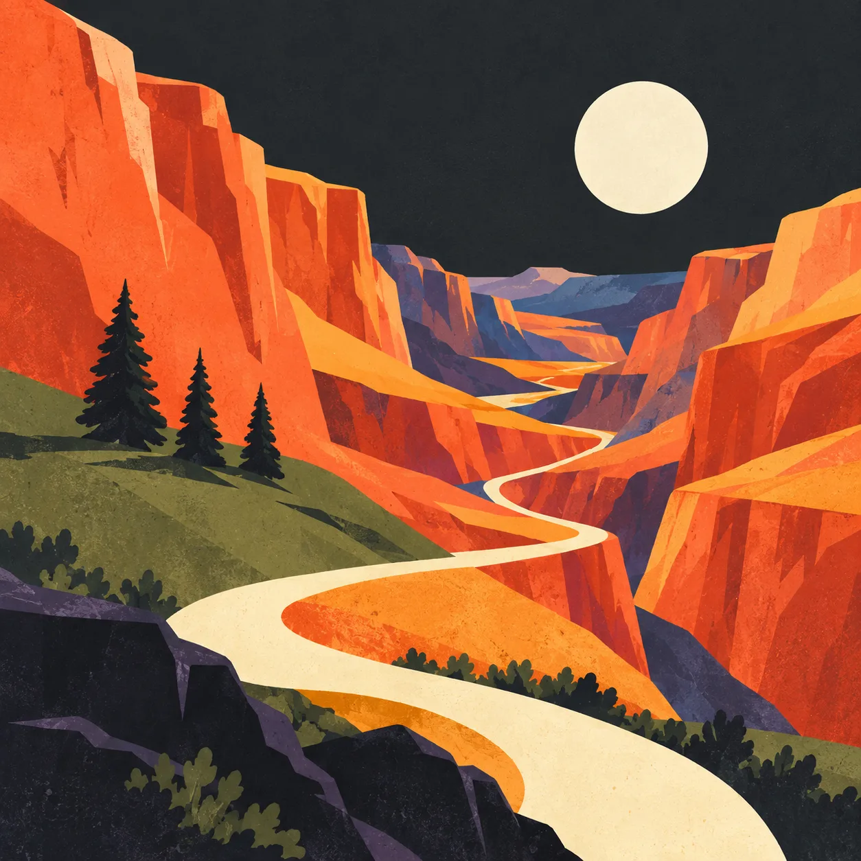 Illustration of a winding trail between coral canyons and olive hills