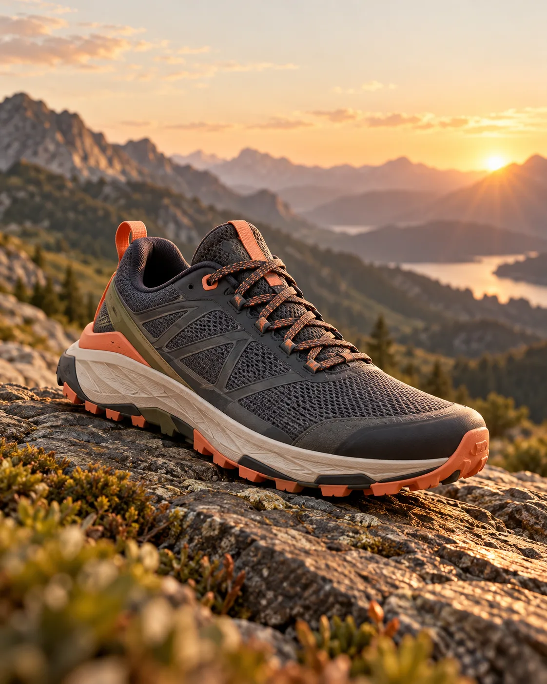 Graphite and coral trail shoe on a rock with mountains behind